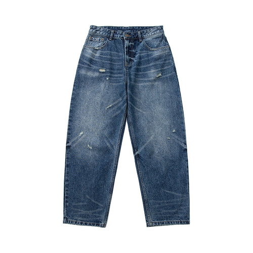 Damen High‑Waist weit geschnittene Jeans im Used‑Look mit Knopfverschluss und dezenten Rissen Drune