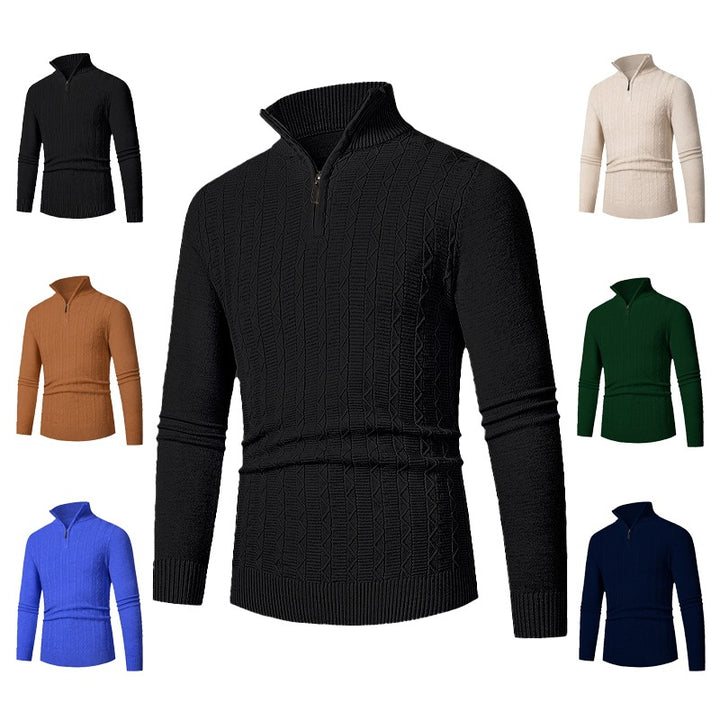 Herren Enganliegender Halbzip-Strukturpullover aus Merino‑Mix mit Zopfmuster und Stehkragen Drune