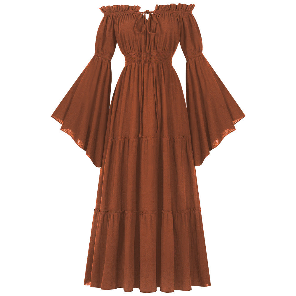 Damen nan bodenlanges Off-Shoulder Maxikleid mit geraffter Taille, mehrstufigem Rock und weiten Trompetenärmeln Drune