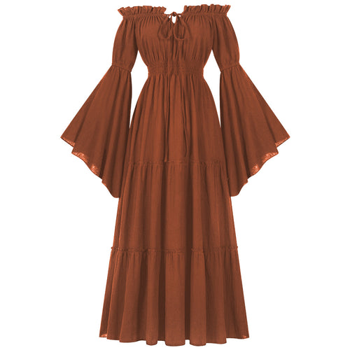 Damen nan bodenlanges Off-Shoulder Maxikleid mit geraffter Taille, mehrstufigem Rock und weiten Trompetenärmeln Drune