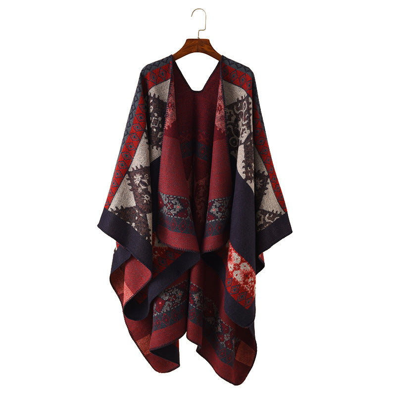 Damen Oversize Poncho aus Jacquard-Strick mit geometrischem Ethno‑Muster Drune