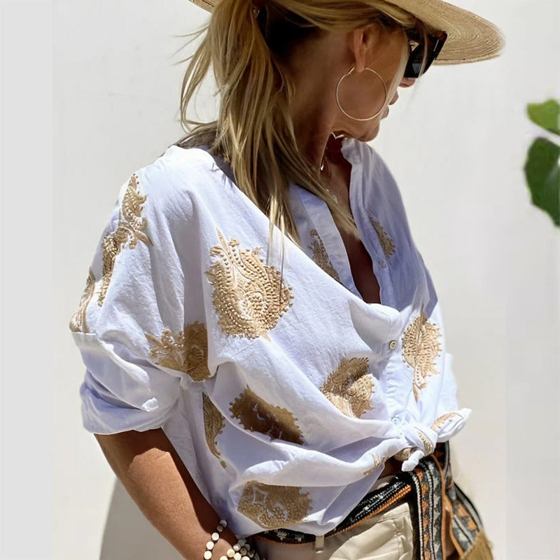 Damen Boho Leinen Bluse mit Perlenstickerei und Knotenband Drune