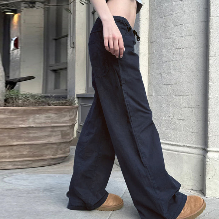 Damen Weite Baumwoll-Hose mit Elastikbund, Tunnelzug und Eingrifftaschen Drune