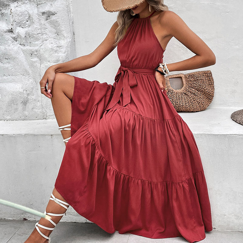 Damen Maxikleid mit tiefem V-Ausschnitt, Taillengurt und voluminösem Rock Drune