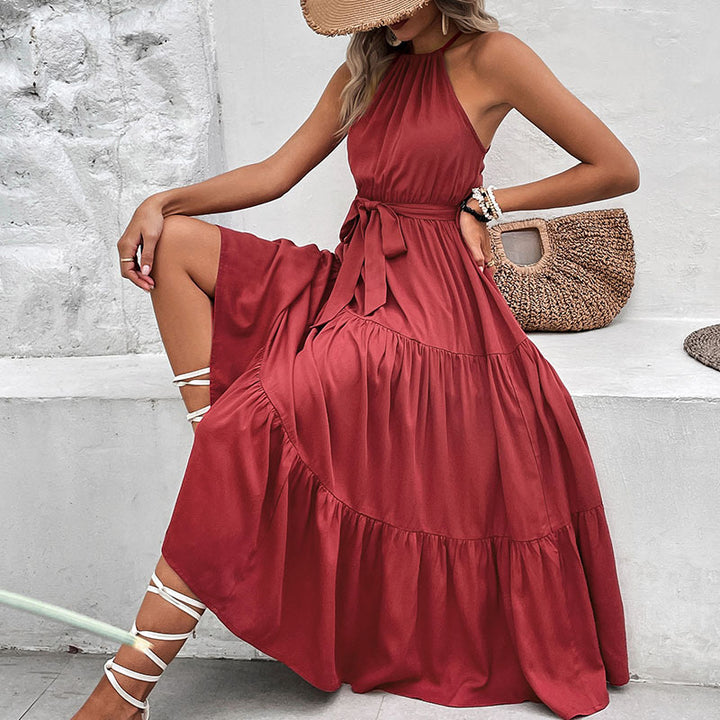 Damen Maxikleid mit tiefem V-Ausschnitt, Taillengurt und voluminösem Rock Drune