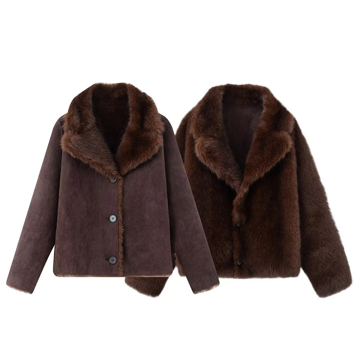 Damen nan kurze Lammfelloptik-Jacke mit voluminösem Schalkragen und verdeckter Knopfleiste Drune