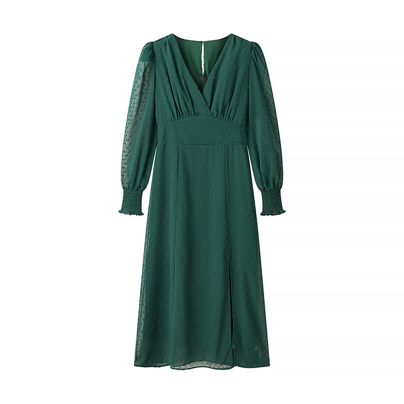 Damen nan gerafftes V-Neck Midikleid mit punktstruktur, gesmokten Manschetten und seitlichem Schlitz Drune
