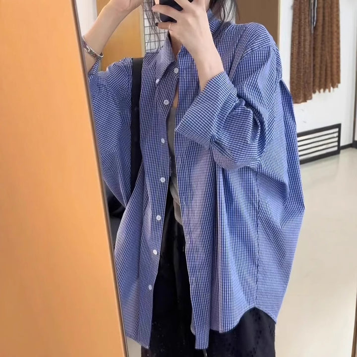 Damen Oversize-Hemd mit Vichy-Karo, weitem Fall und durchgehender Knopfleiste Drune