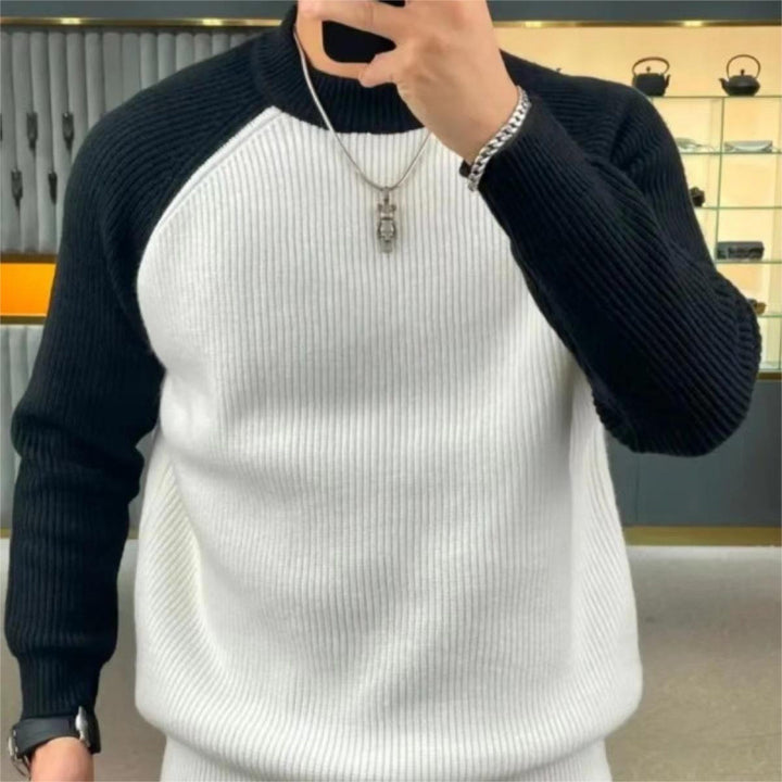 Herren Gerippter Raglan-Pullover mit Kontrastärmeln und kurzem Stehkragen Drune