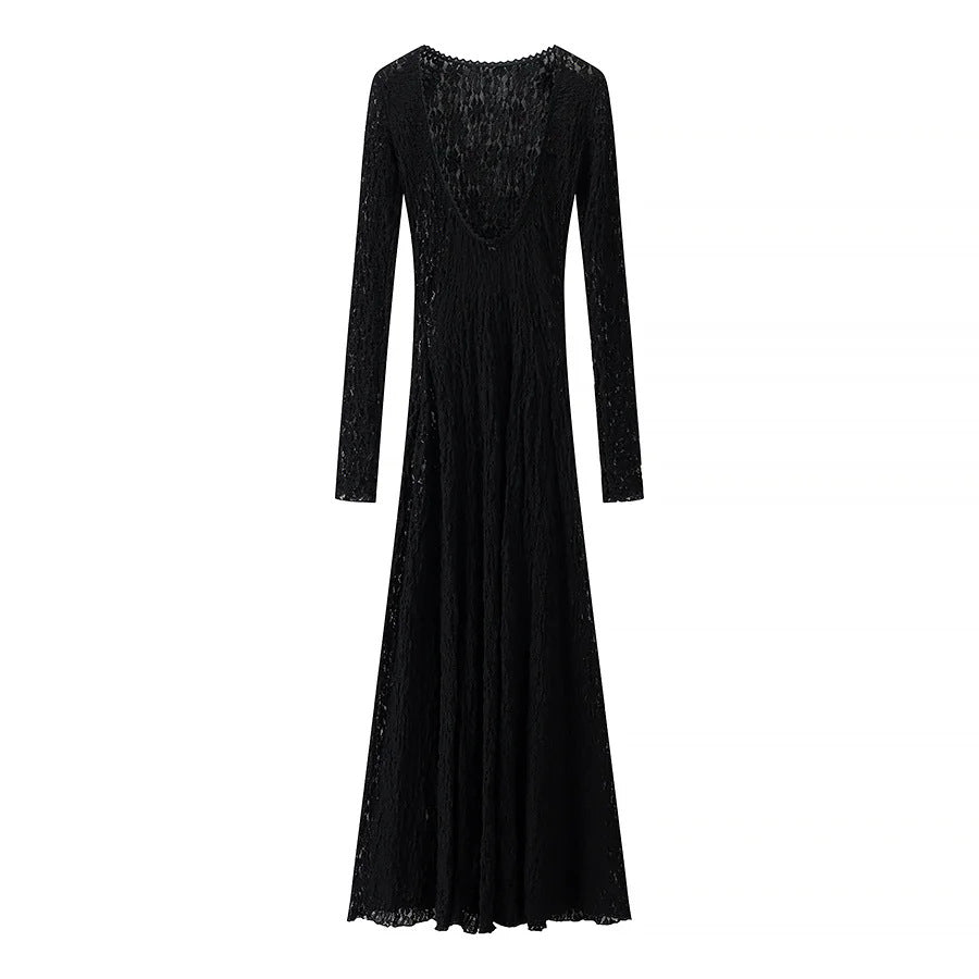 Damen nan figurbetontes Maxikleid aus floraler Spitze mit langer Ärmel und elegantem Rückenausschnitt Drune