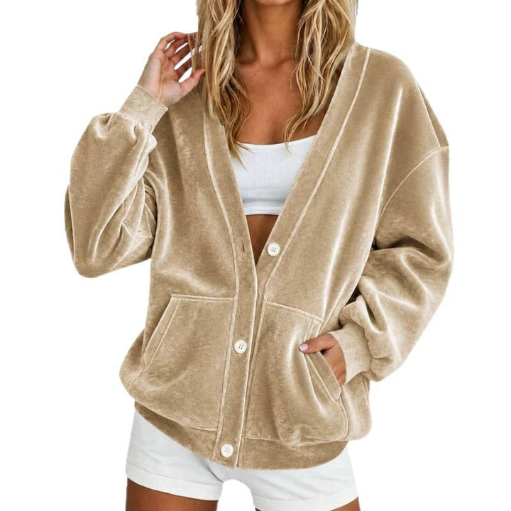 Damen Oversize-Relax-Cardigan aus Velours mit Knopfleiste und Eingrifftaschen Drune