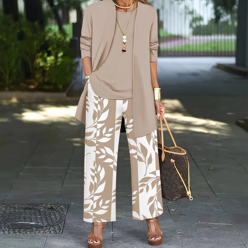 Damen Zweiteiler Offener Longcardigan mit Langarm und Palazzo‑Hose mit Blattprint Drune