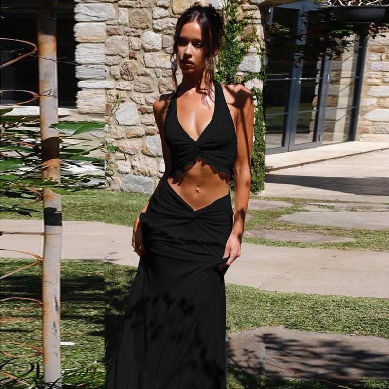 Damen Zweiteiliges Sommer-Outfit mit Knotted Top und fließendem Rock Drune