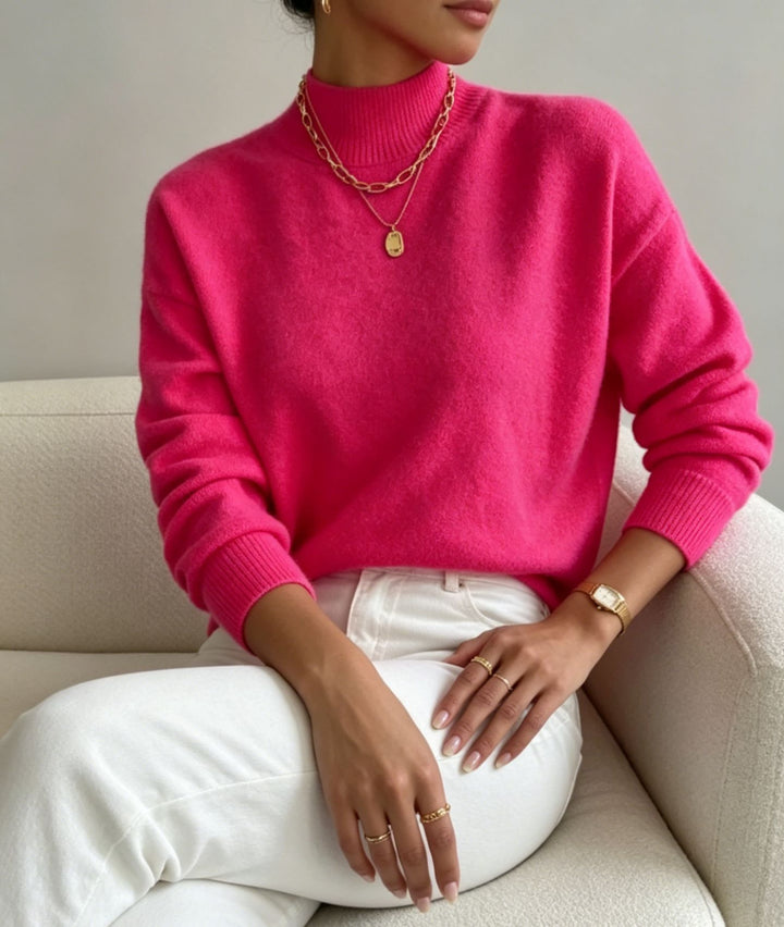 Damen kuscheliger Feinstrickpullover mit Stehkragen und überschnittener Schulter Drune