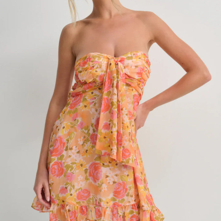 Damen nan trägerloses Chiffon-Sommerkleid mit Blumenmuster Bandeau-Oberteil und Volantbesatz Drune