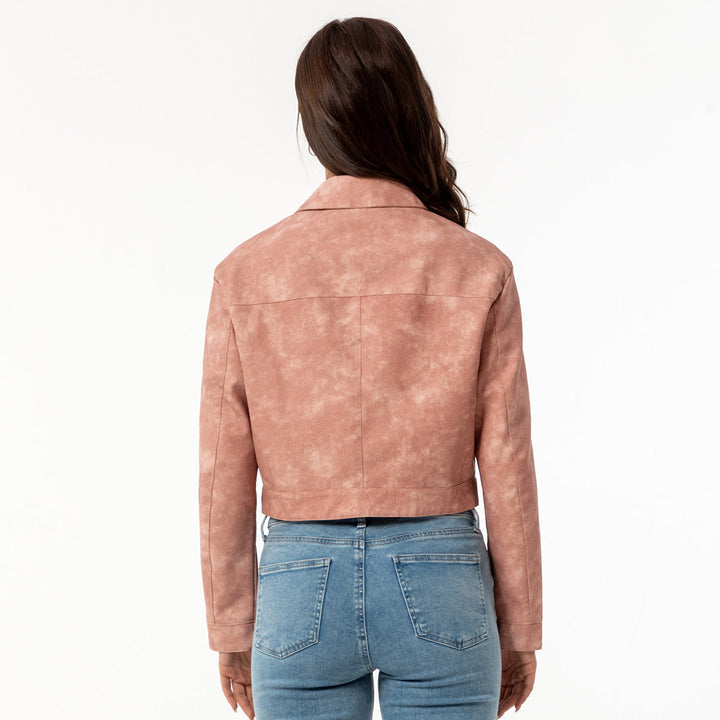 Damen modische cropped Kunstlederjacke mit klassischem Wellenkragen Drune