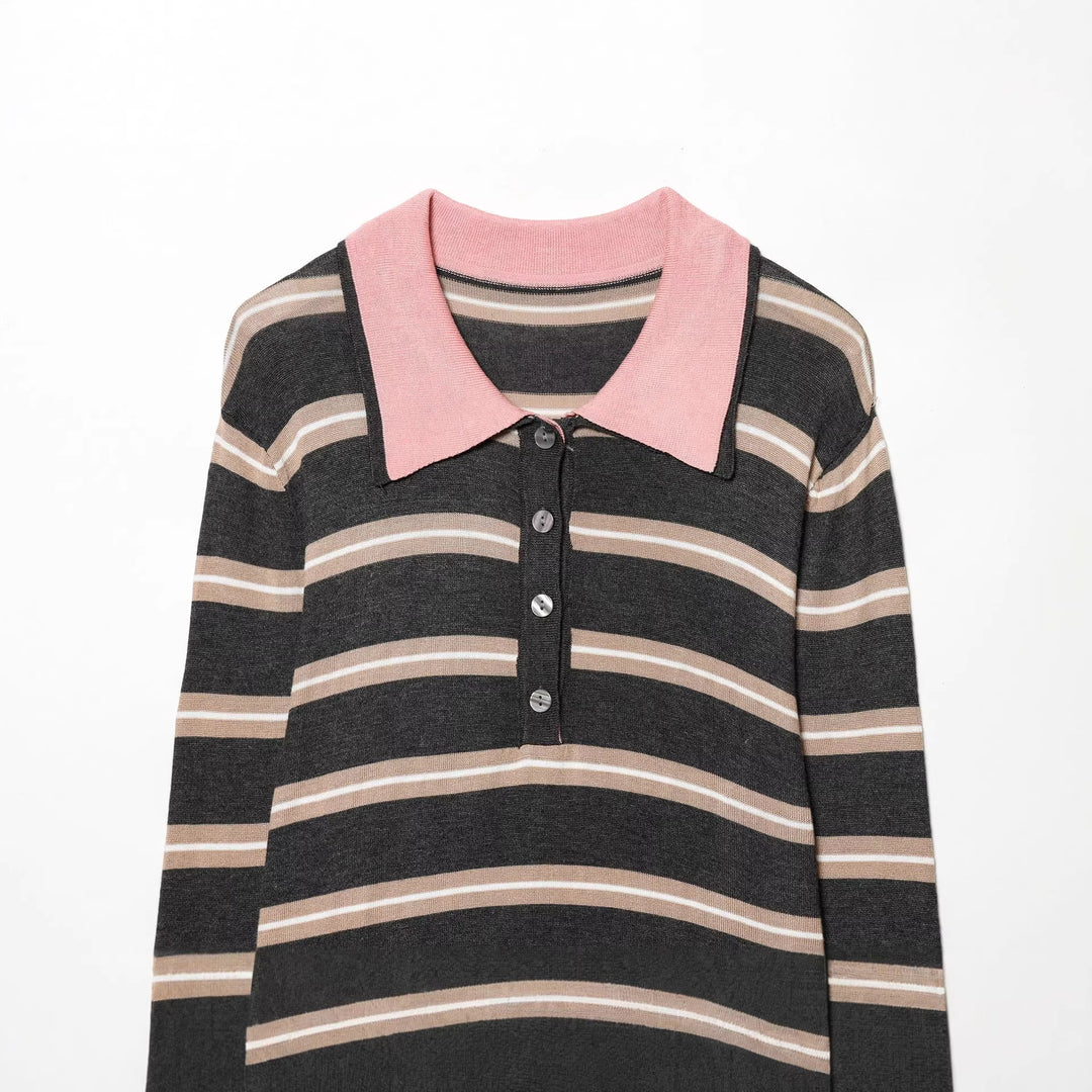 Damen nan taillierter Strick-Polo mit Kontrastkragen und durchgehender Knopfleiste Drune