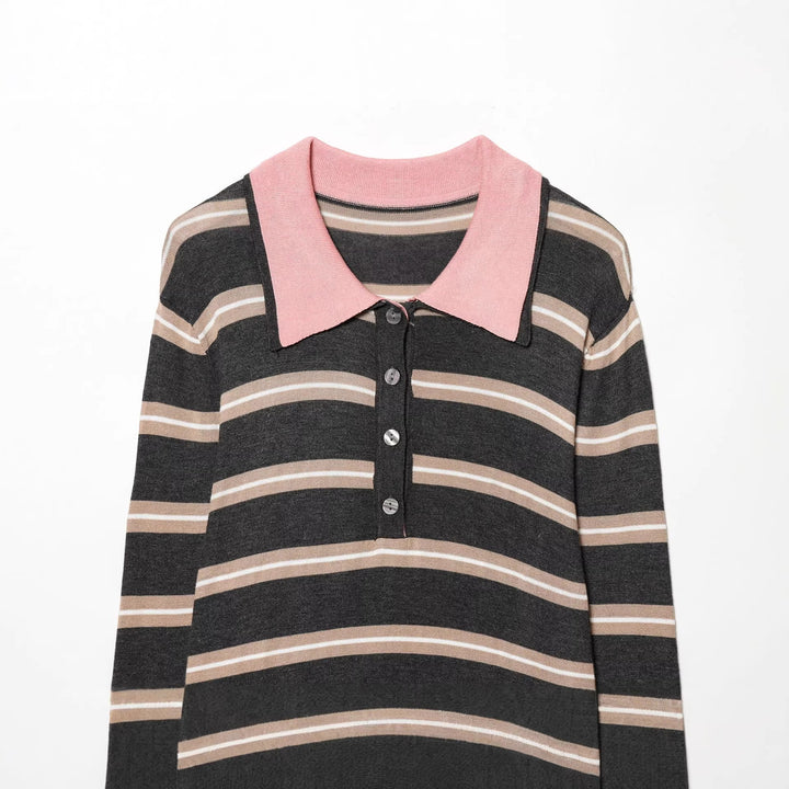 Damen nan taillierter Strick-Polo mit Kontrastkragen und durchgehender Knopfleiste Drune