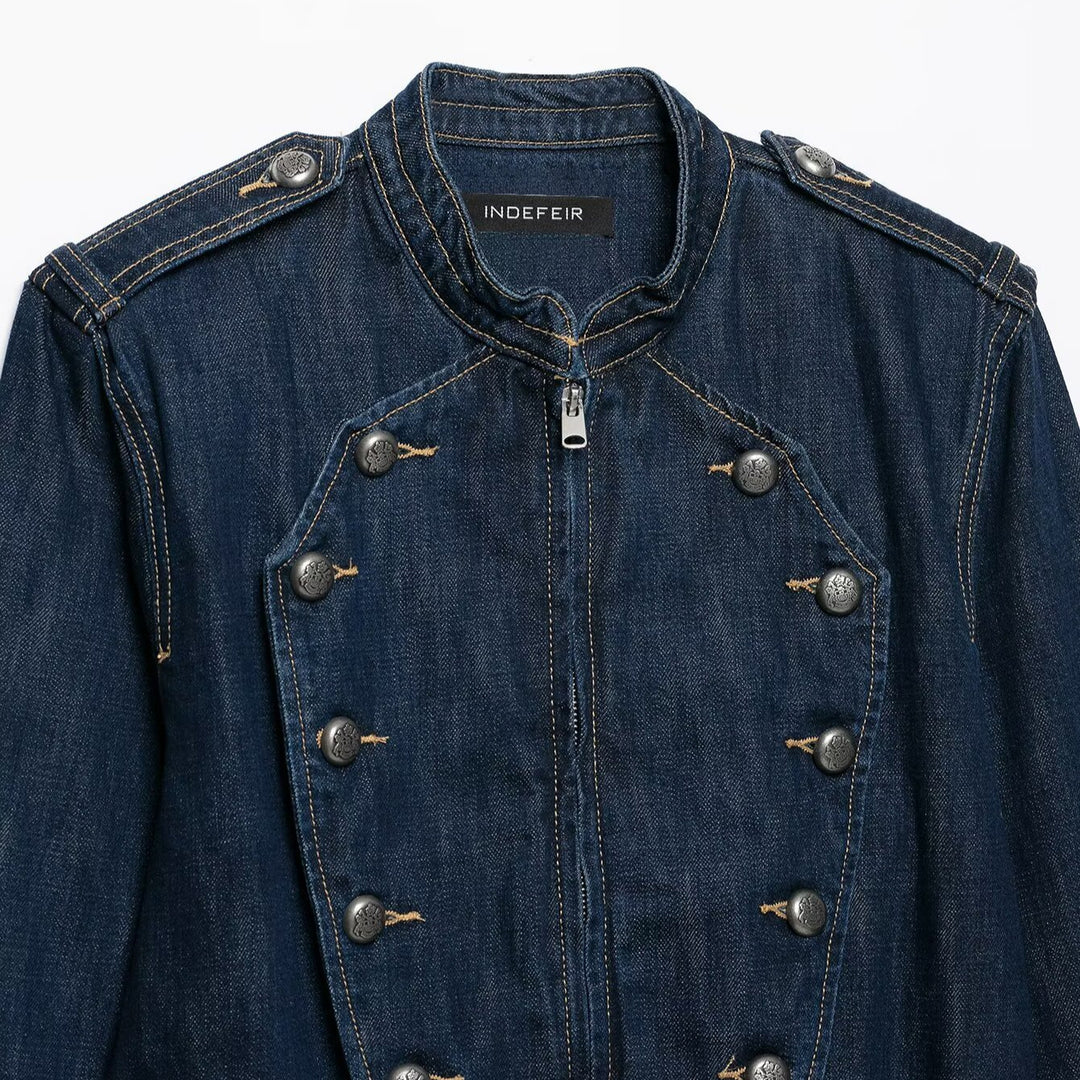 Damen Cropped Denim-Fieldjacke mit dekorischer Doppelreihe und Stehkragen Drune