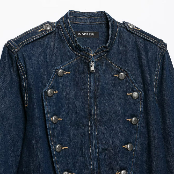 Damen Cropped Denim-Fieldjacke mit dekorischer Doppelreihe und Stehkragen Drune