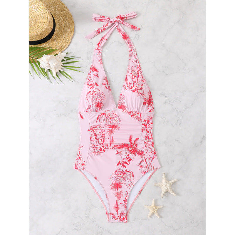 Damen Einteiliger Badeanzug mit verspieltem Blumendesign und V-Ausschnitt Drune