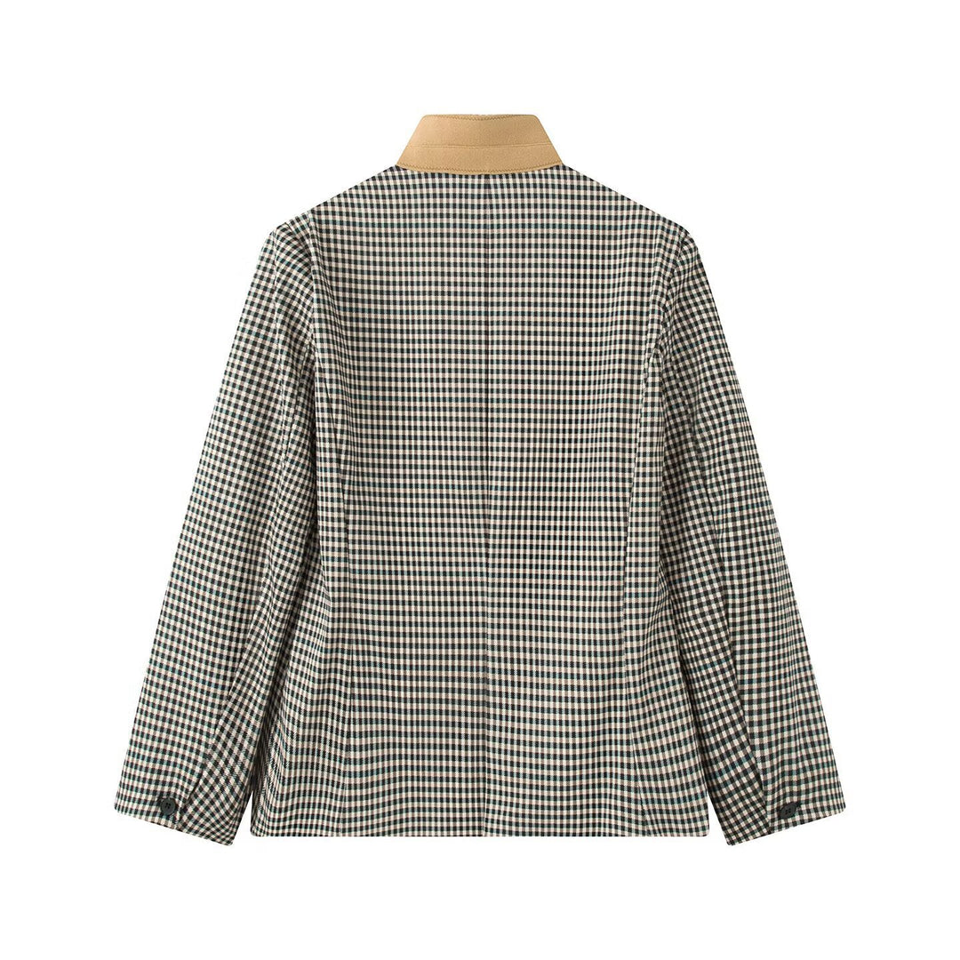 Damen Karierter Boxy‑Blazerjacke mit kontrastbesetztem Stehkragen und Pattentaschen Drune
