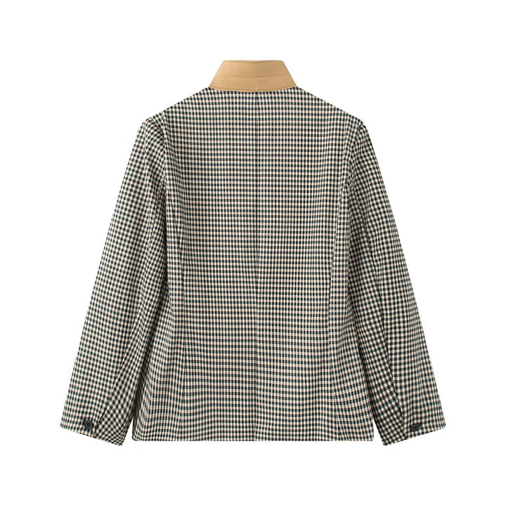 Damen Karierter Boxy‑Blazerjacke mit kontrastbesetztem Stehkragen und Pattentaschen Drune