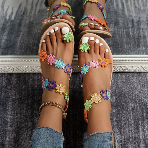 Damen Sommer Sandalen mit buntem Blüten-Design und rutschfester Sohle Drune