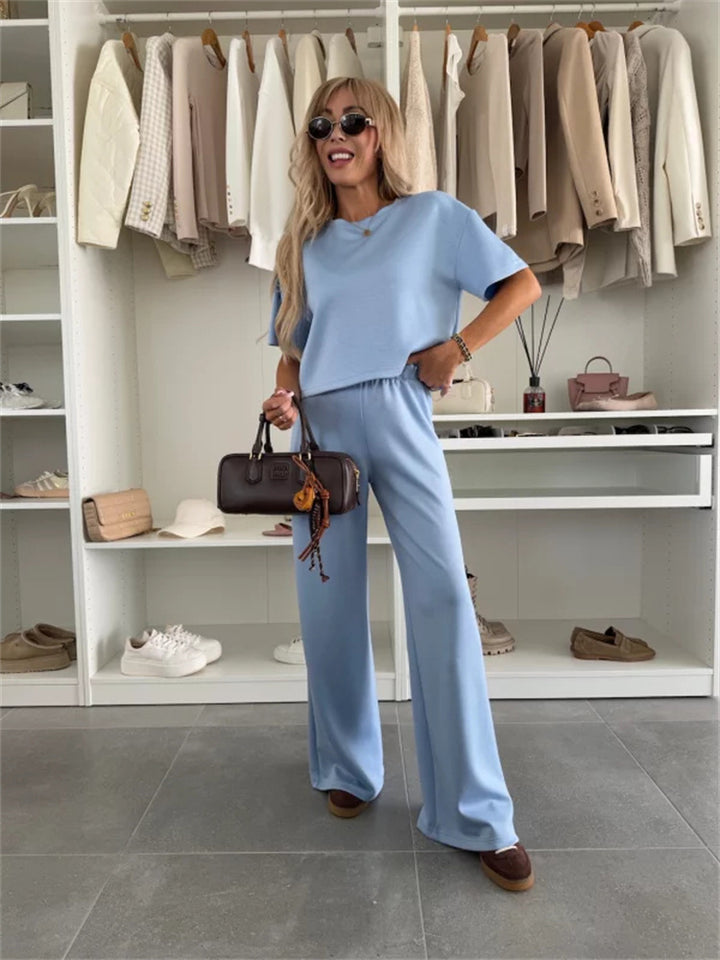 Damen Loungewear-Zweiteiler mit Cropped-Boxy-Shirt und fließender High-Waist Palazzo-Hose Drune