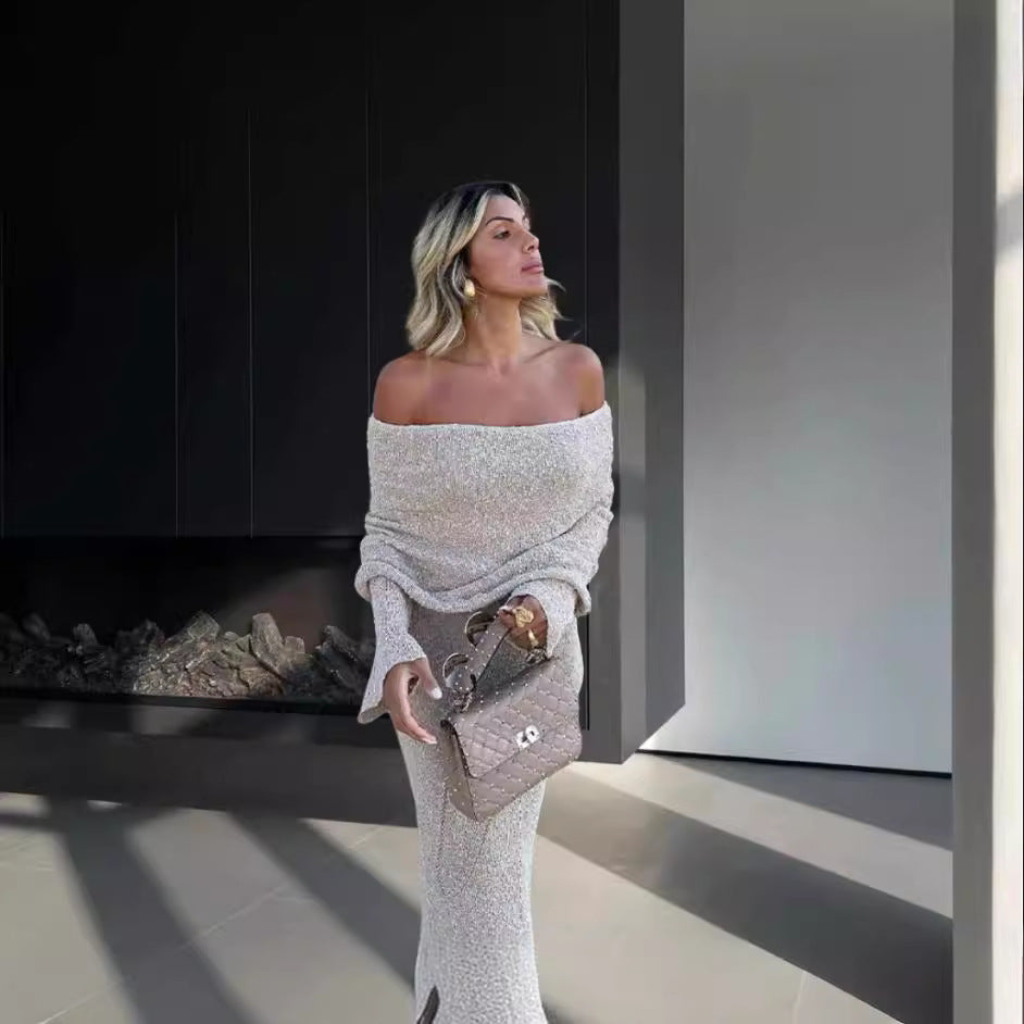 Damen Strickkleid mit Off-Shoulder Design und glitzerndem Effekt Drune