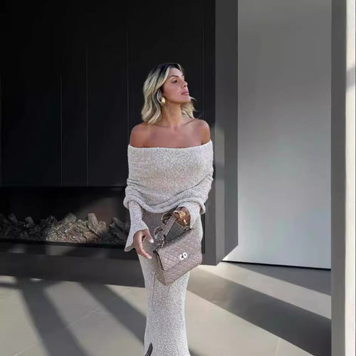 Damen Strickkleid mit Off-Shoulder Design und glitzerndem Effekt Drune