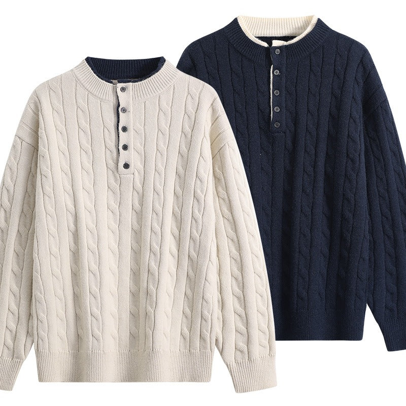 Unisex Oversize Zopfstrick-Henley-Pullover mit Knopfleiste und geripptem Saum Drune