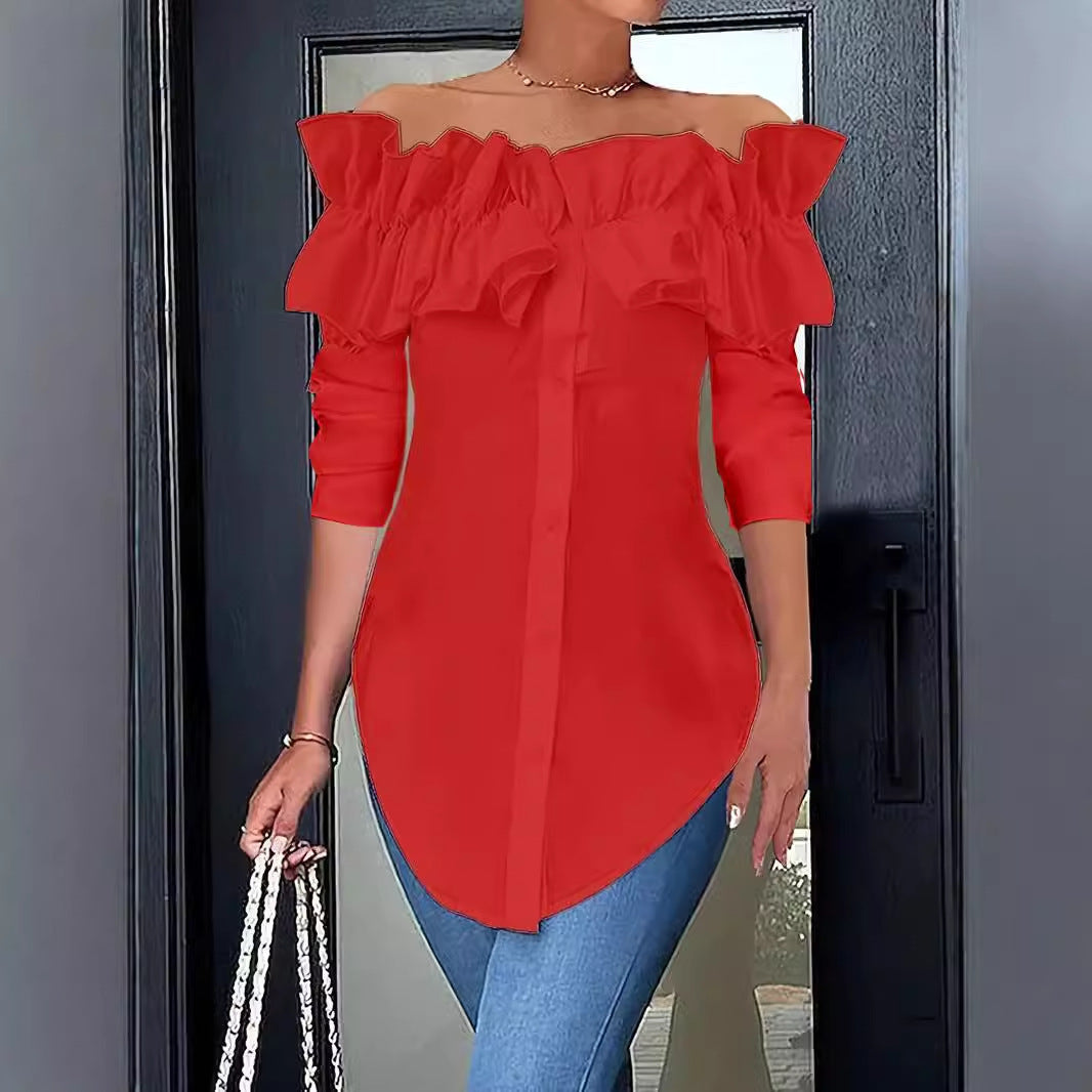 Damen Off-Shoulder Bluse mit Rüschen und Knopfleiste Drune