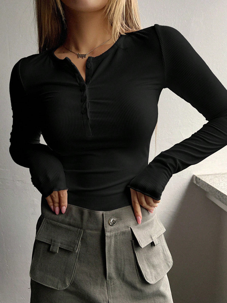 Damen Figurnahe Rippstrick-Henleyshirt mit Knopfleiste und Langarm Drune