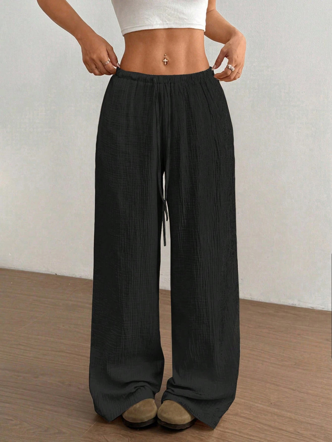 Damen Weite Baumwoll-Gauze-Hose mit hohem Bund, Gummizug und Kordelzug Drune