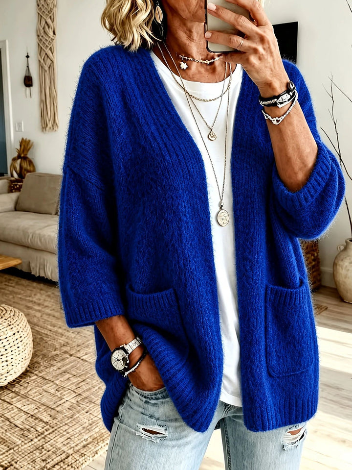 Damen Offener Longcardigan im Mohair-Look mit aufgesetzten Taschen und überschnittener Schulter Drune