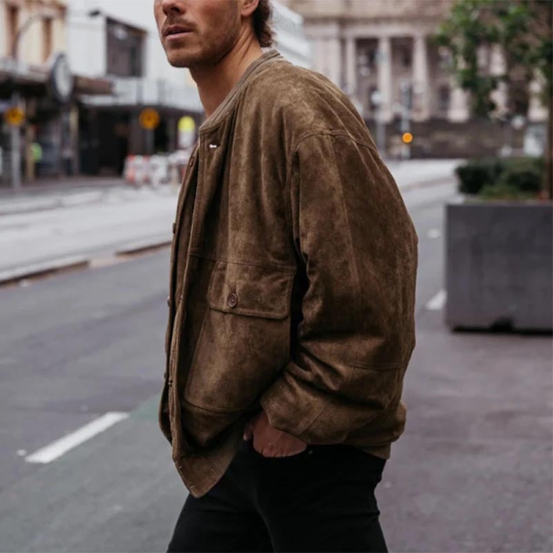 Herren Oversized Velourslederoptik Bomberjacke mit Karofutter und Knopfverschluss Drune
