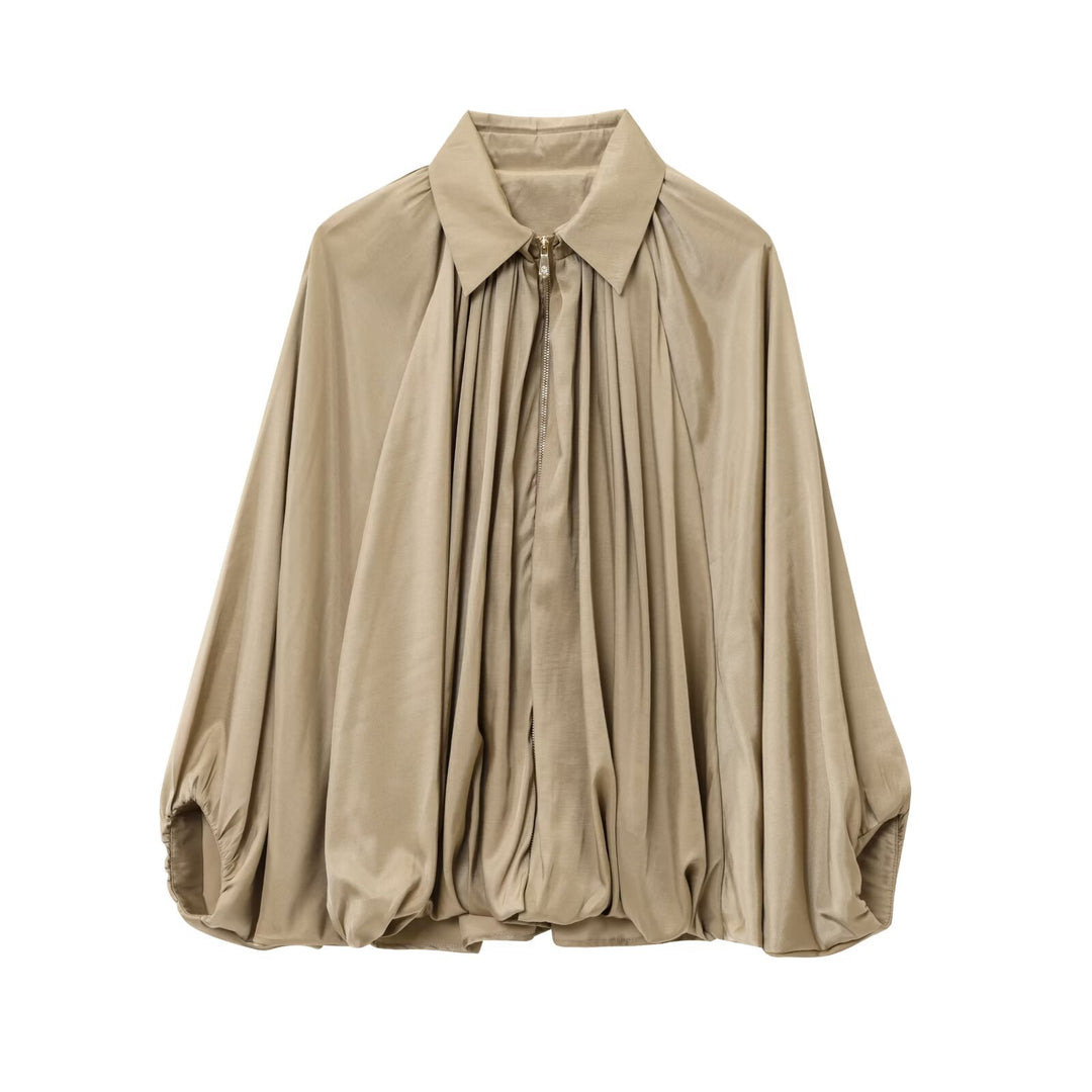 Damen nan weit geschnittene Cape-Bluse mit durchgehendem Reißverschluss, balloniertem Saum und gerafften Ärmeln Drune