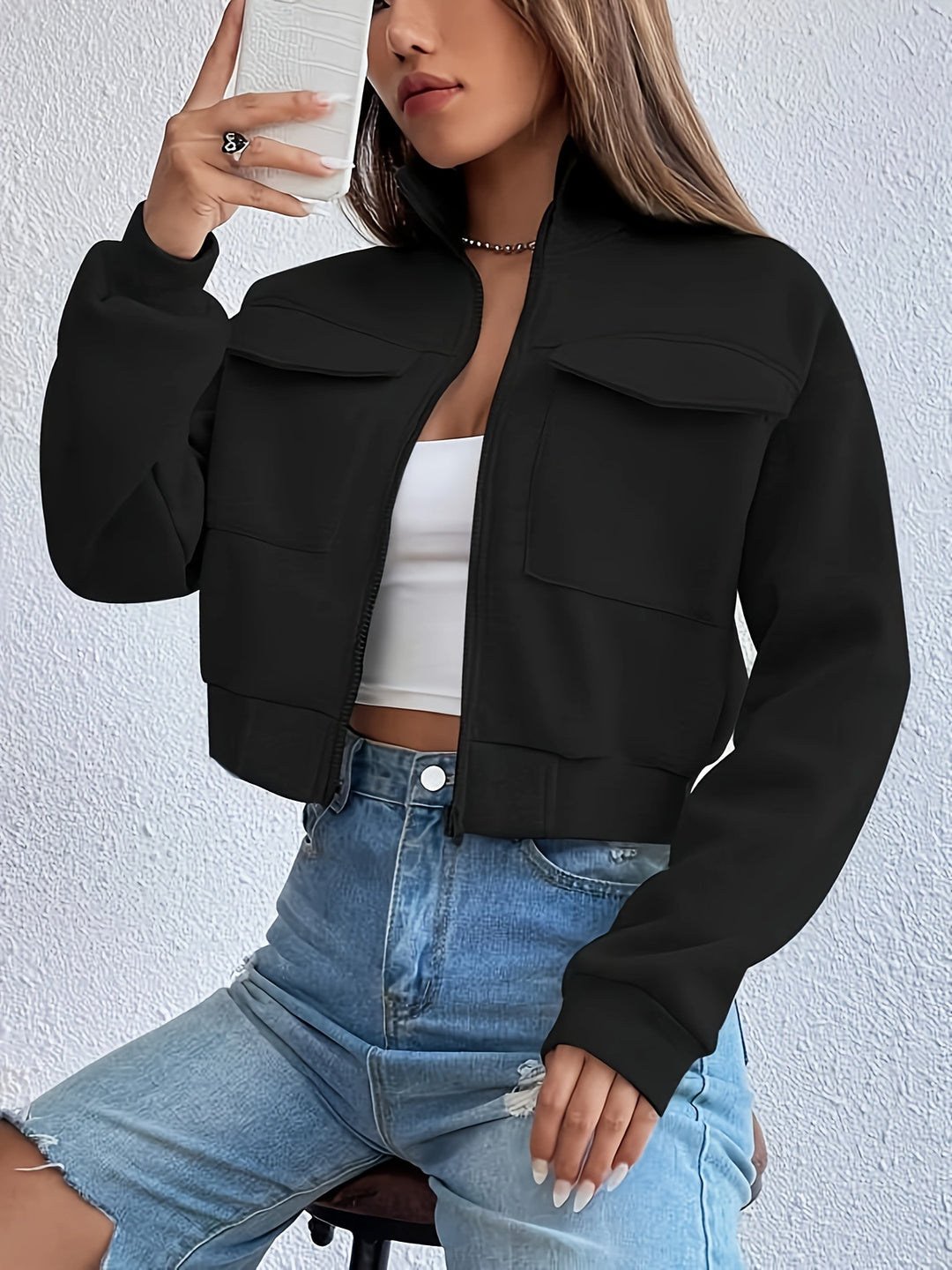 Damen modische Kurzjacke mit praktischen Aufsatztaschen und sportlichem Schnitt Drune