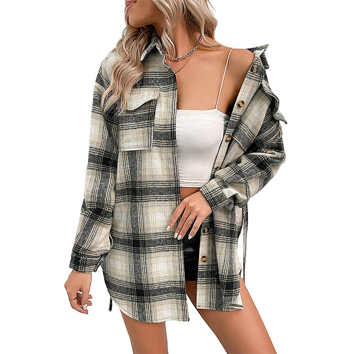 Damen Overshirt-Kleid mit Karomuster, Bindegürtel und aufgesetzten Brusttaschen Drune