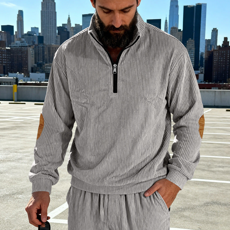 Herren Cord-Struktur-Halbzip-Pullover im Relaxed-Fit mit Stehkragen und Ellbogen-Patch Drune