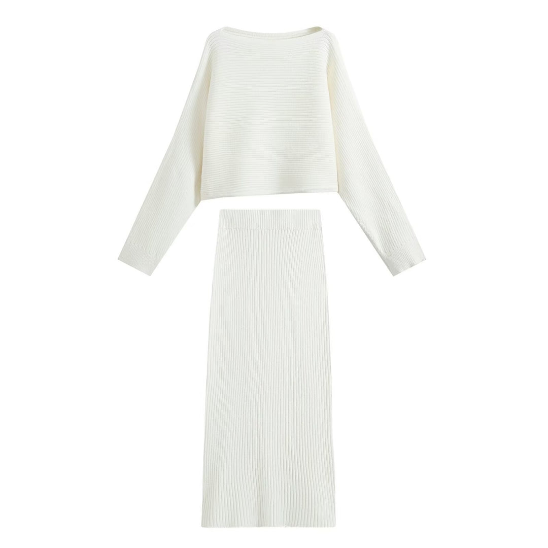 Damen Gerippter Strick-Zweiteiler mit kurzem Bateau-Pullover und tailliertem Midirock Drune