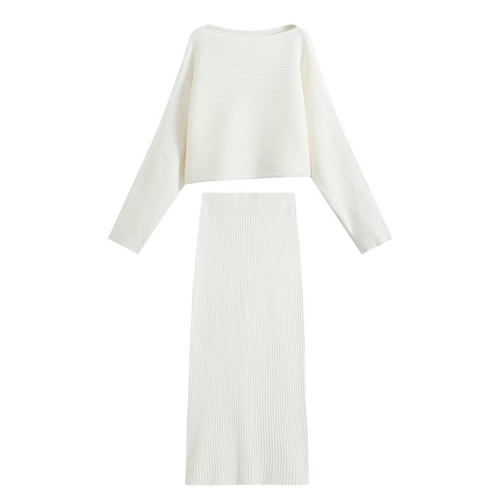 Damen Gerippter Strick-Zweiteiler mit kurzem Bateau-Pullover und tailliertem Midirock Drune