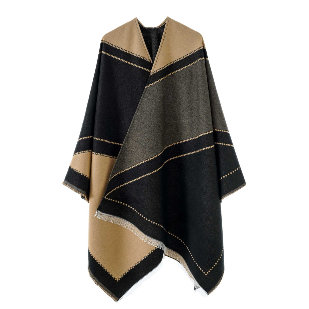 Damen Großer Wollmix Fransenponcho mit diagonalen Kontraststreifen Drune