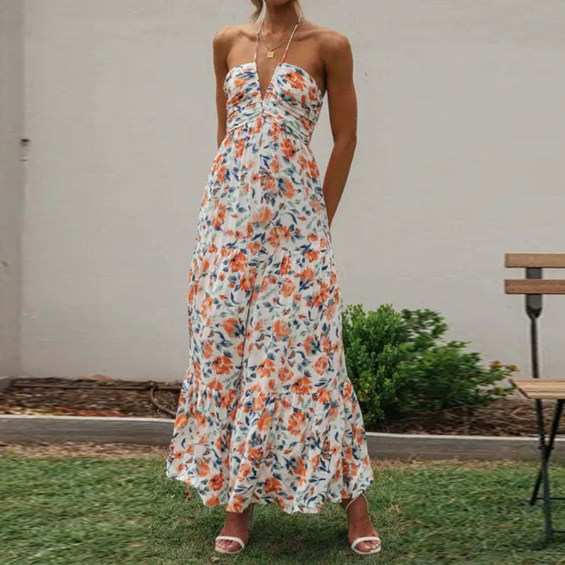 Damen Maxikleid mit tiefem V-Ausschnitt und romantischer Raffung Drune