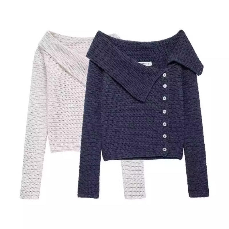 Damen elegante Strickjacke mit tiefem Kragen und Knopfdetaillierung Drune