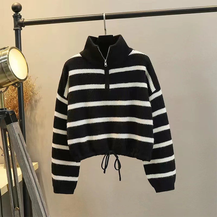 Damen Crop-Pullover mit hohem Kragen und Geflochtenem Saum Drune