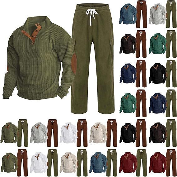 Herren nan strukturiertes Feinstrick-Halbknopf-Pullover und Feincord-Cargo-Zweiteiler Drune
