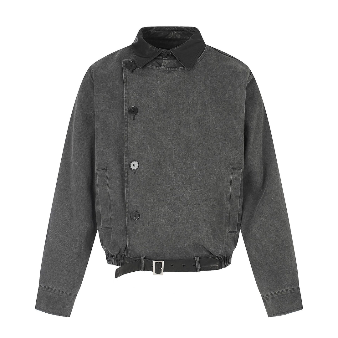 Herren Kurz geschnittener Boxy-Blouson mit asymmetrischer Knopfleiste, Taillengürtel und Kontrastkragen Drune