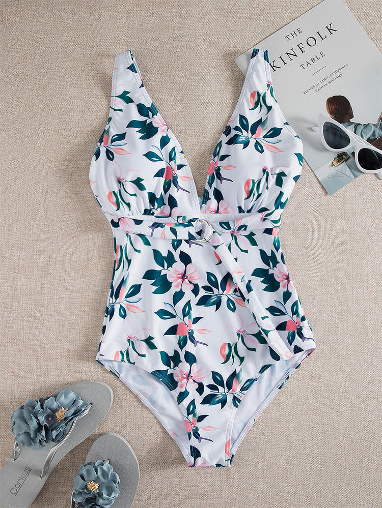 Damen Einteiler Badeanzug mit floralem Design und eleganter Taillierung Drune
